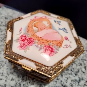 Vintage Hexagonal Trinket Box with Baby and Floral Design. Great Baby Lullabie.